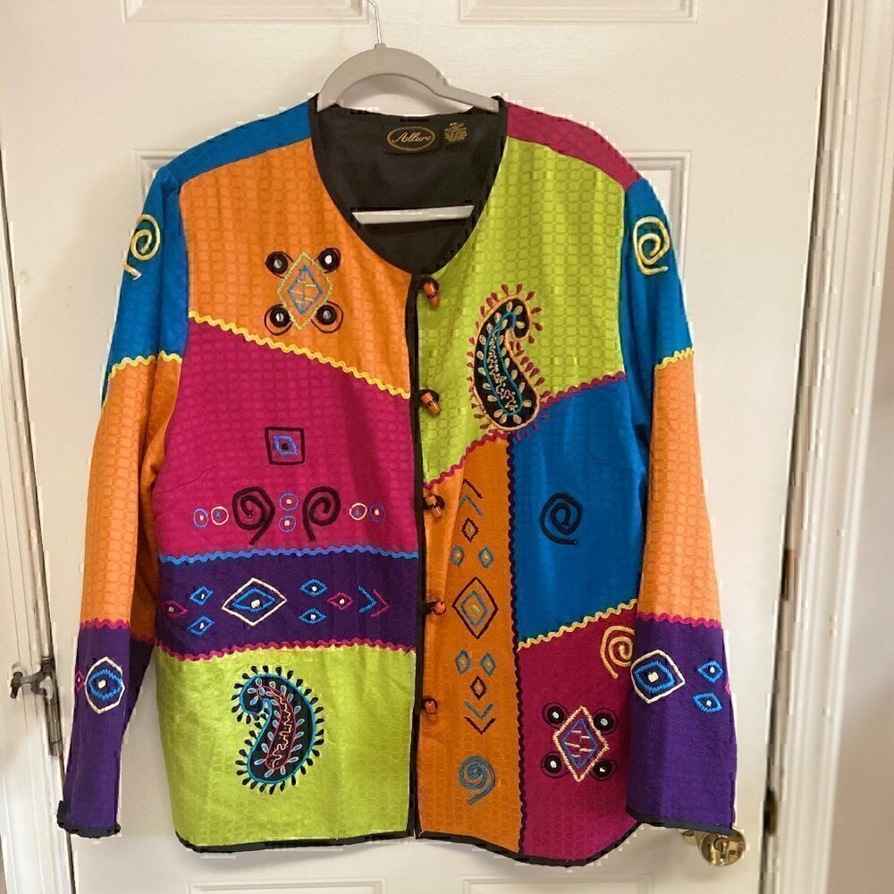 Vintage Allure Women's Jacket Blazer 1X Colorful Art‎ Patchwork Embroidered 80s